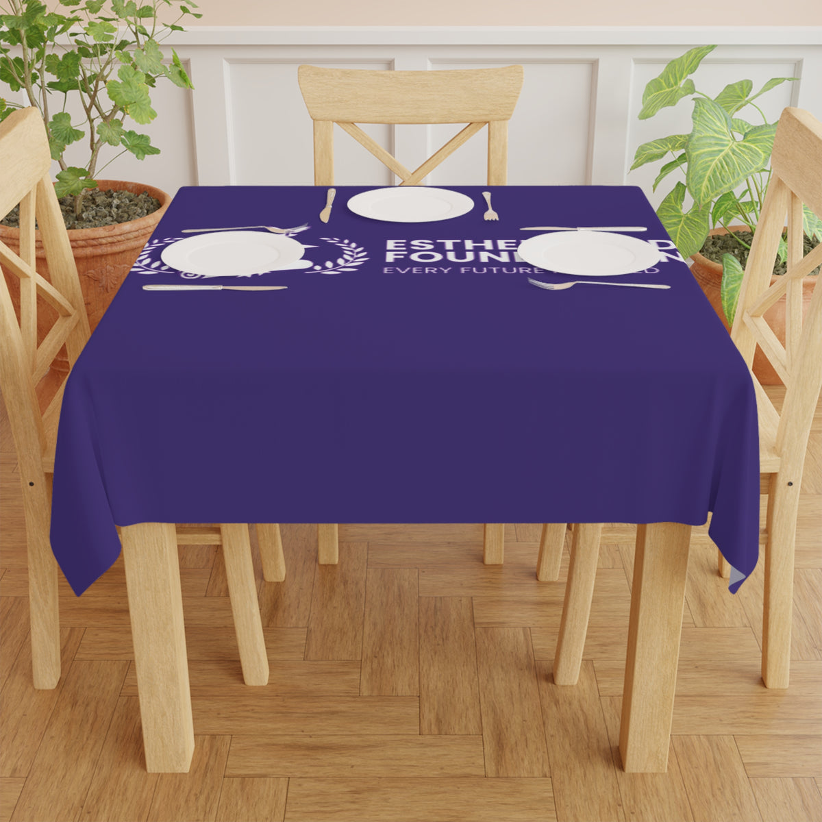 Esther Funds Foundation Purple Logo Tablecloth — Branded Event Table Cover